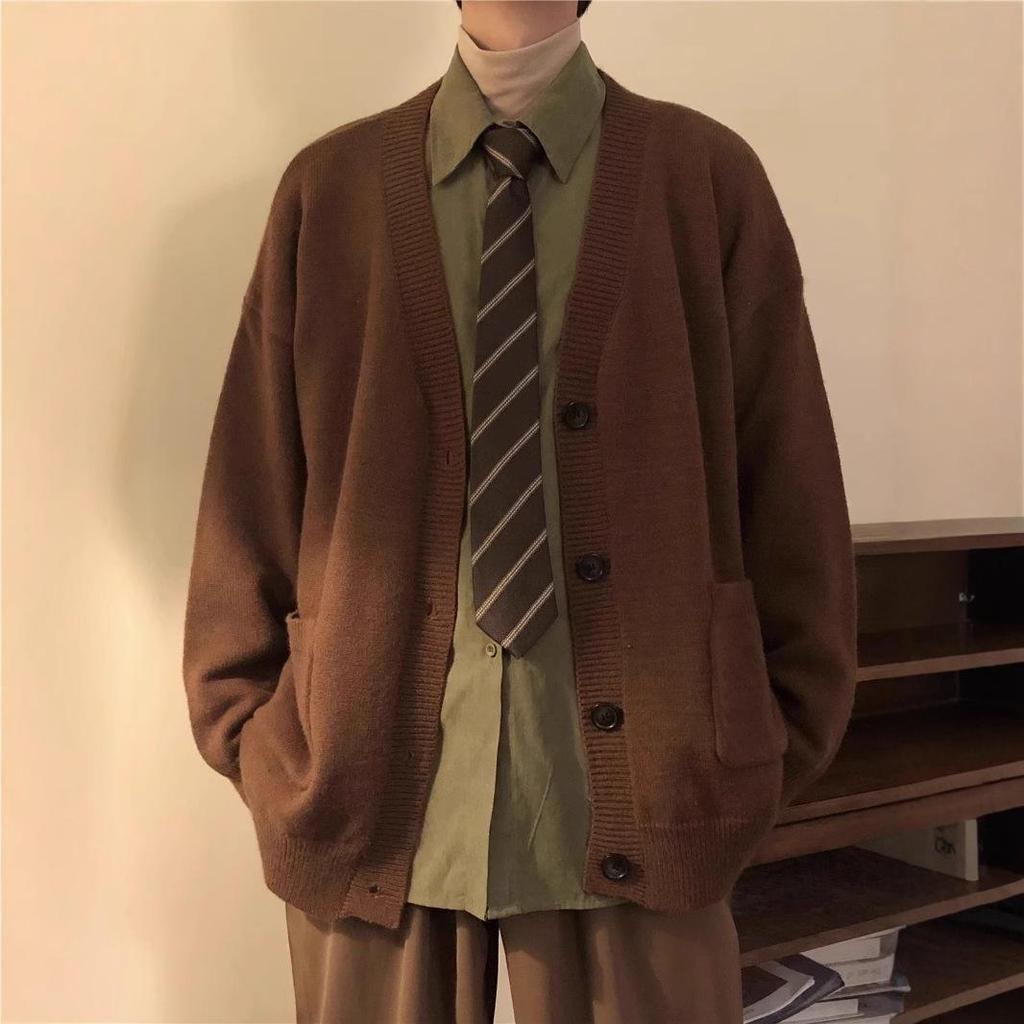 2024 Spring/Autumn Men’s Retro Collegiate Cardigan Sweater - Japanese Loose Knitwear