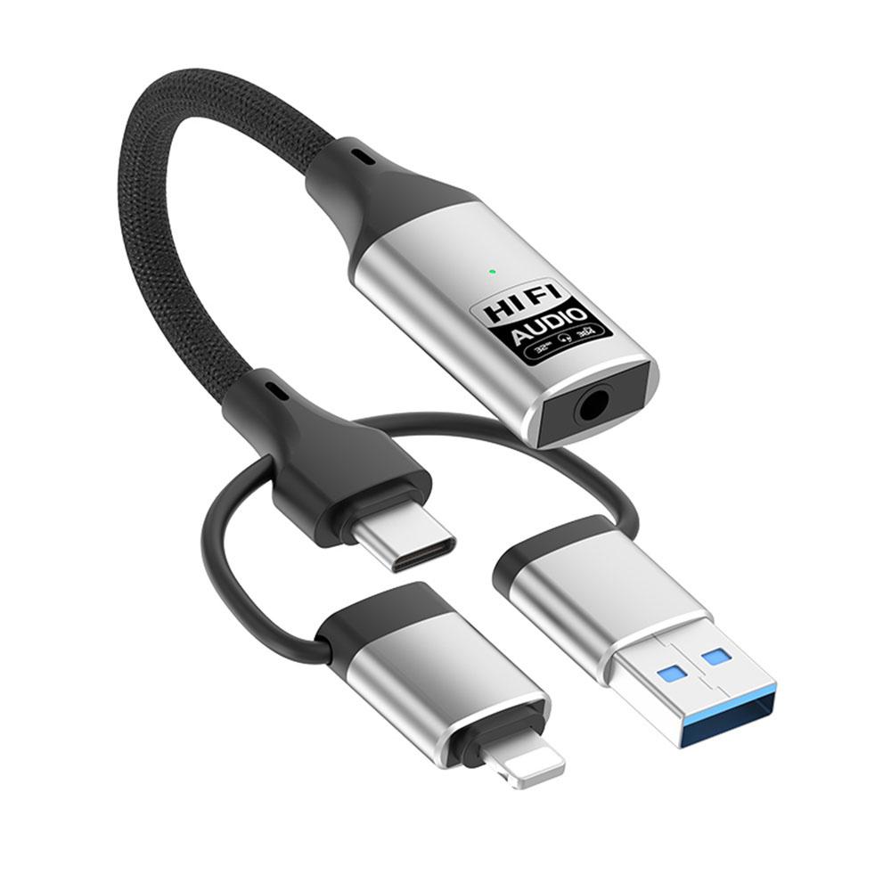 3 In 1 iP/USB/Type C to 3.5mm HiFi External Sound Card Compatible with Android Windows MAC for Live Streaming Karaoke