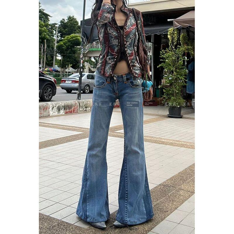 

Fashion Retro Worn Looking Washed-out Denim Female 2025 Summer New Arrival Y2g Millennium Style Sexy Low Waist Bell-Bottom Pants Flared Pants XL