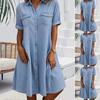 Abito midi da donna con colletto, manica a metà, vestibilità ampia, tinta unita, chiusura con bottoni, abito camicia in denim
