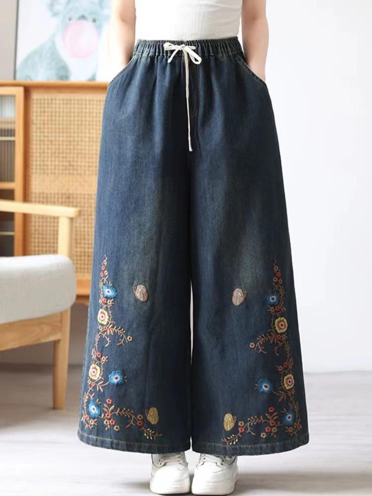 

Johnature Женские Осенние Нишевые Вышитые Свободные Повседневные Широкие Брюки Стирающиеся Винтажные Индивидуальные Брюки XL синий