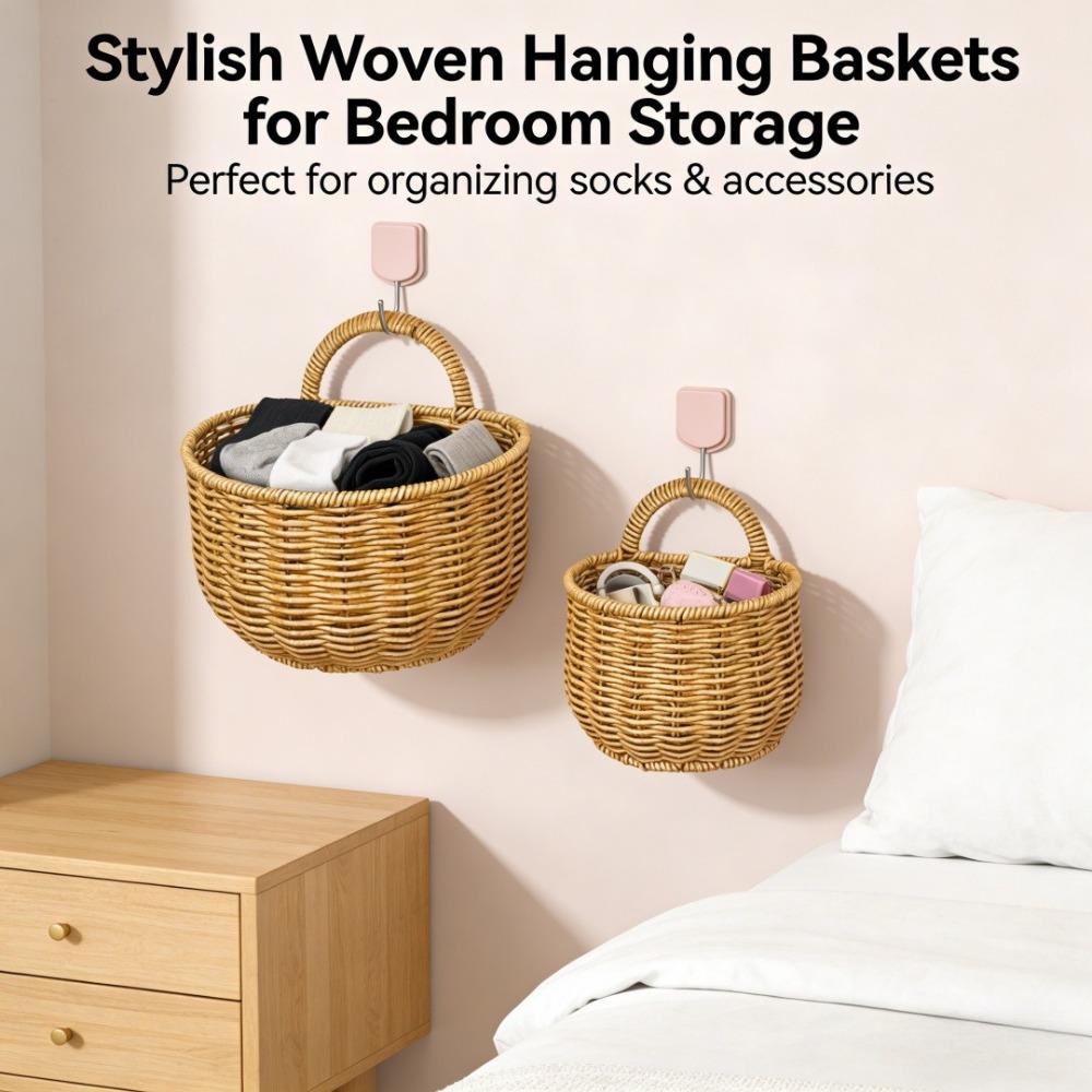 Handwoven Rattan Wall Hanging Basket - Wicker Storage Organizer for Kitchen, Bathroom & Home, Hanging Fruit Basket with Handle