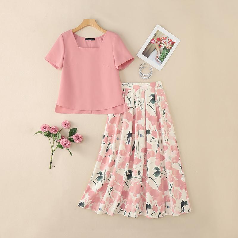 

ZANZEA Женская блузка с коротким рукавом и длинные юбки Повседневный костюм-двойка 5XL розовый