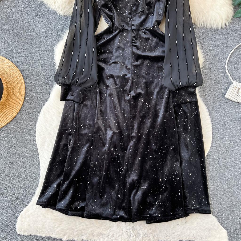 Podzimní ženy Vintage černé korálkové síťované sametové patchworkové společenské šaty