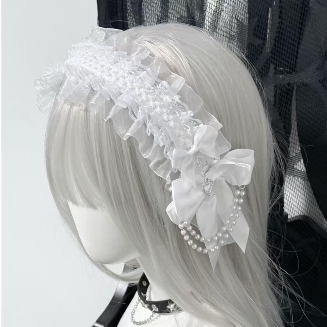 

Hair Accessories Pearl Chain Gothic Headband Lolita Hair Band Hair Clip Lace Heart Girls Item Lolita Accessories Cute Y2K Band білий