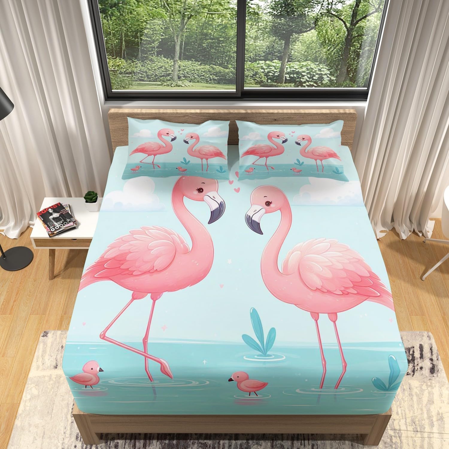 

Flower Flamingo Fitted Bed Sheets, Microfiber with Deep Pocket 30 cm Bedding Soft Breathable Fade Resistant for Kids Teens 90x200cm