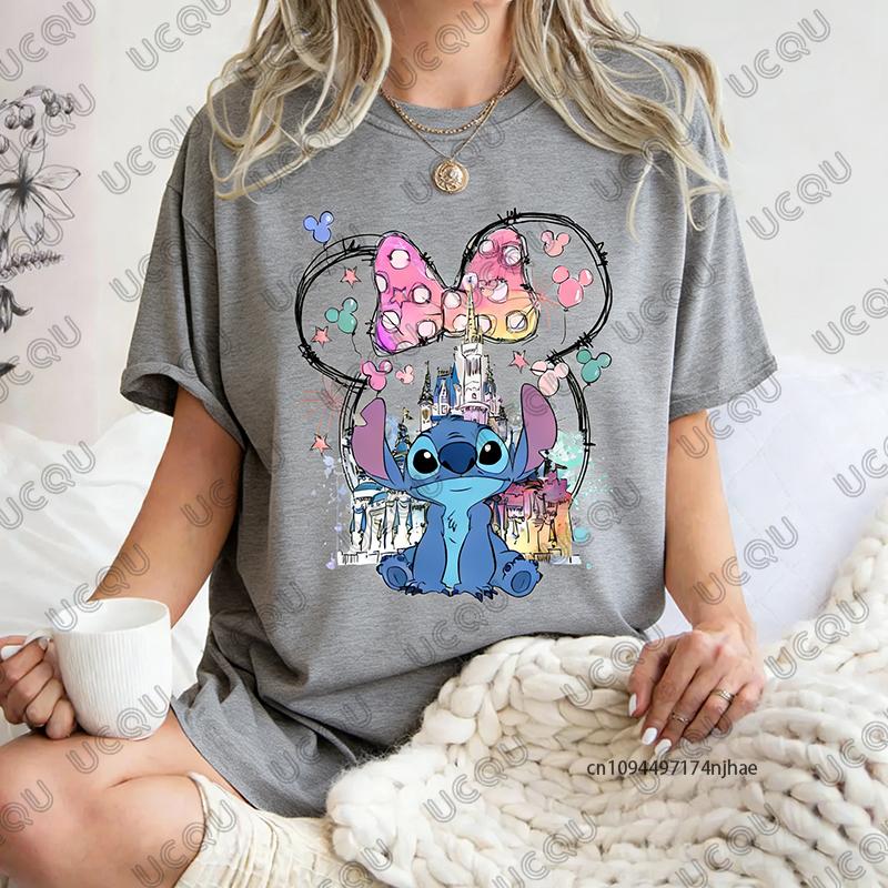 Summer New    Stitch Mickey Castle Magic Kingdom Print WoUnisex Cotton T Shirt Short Sleeve Tees Casual Couple Y2K Tops