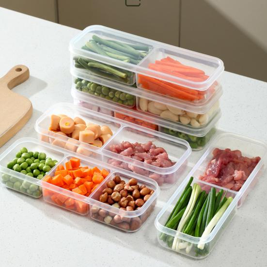 2Pcs Slim Meal Prep Boxes with Lids Long Clear Snack Containers with 2 or 3 Compartments Narrow Stackable Refrigerator Organizer for Fridge Pantry