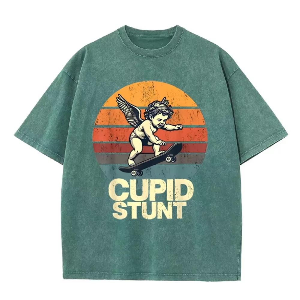 T-shirt Oversize Délavé Acide Graphique Skate Rétro Beige « Cupid Stunt »
