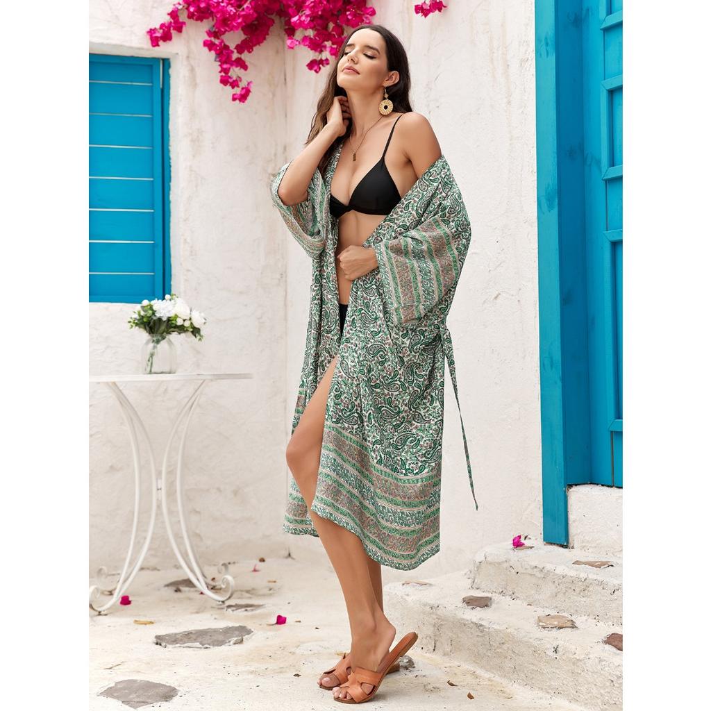 2 color cotton print vacation beach dress sexy belt dress sunscreen cardigan 3827