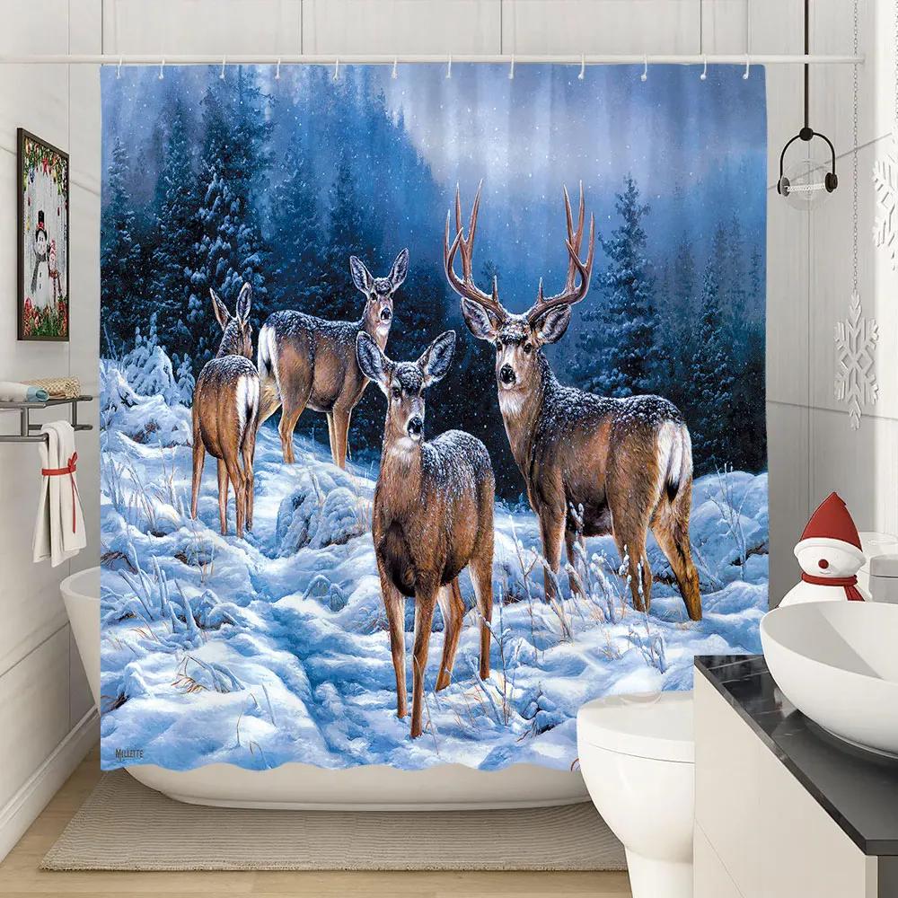 Winter Christmas Shower Curtain Xmas Reindeer Nature Forest Snowy Scenery Farmhouse Bath Curtain Polyester Fabric Bathroom Decor