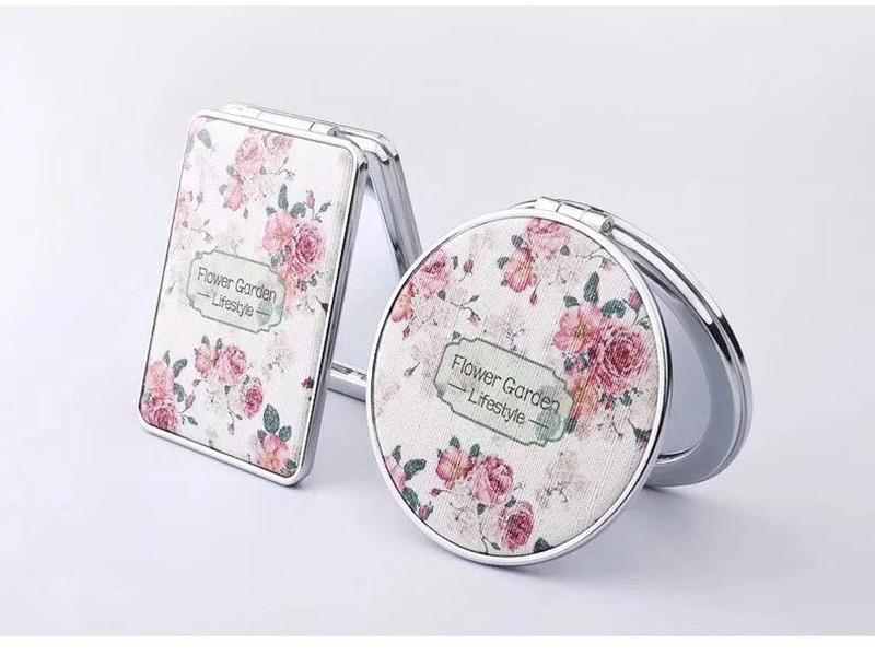 Floral Folding Double-Sided Makeup Mirror - Round PU Leather Cute Cartoon Design