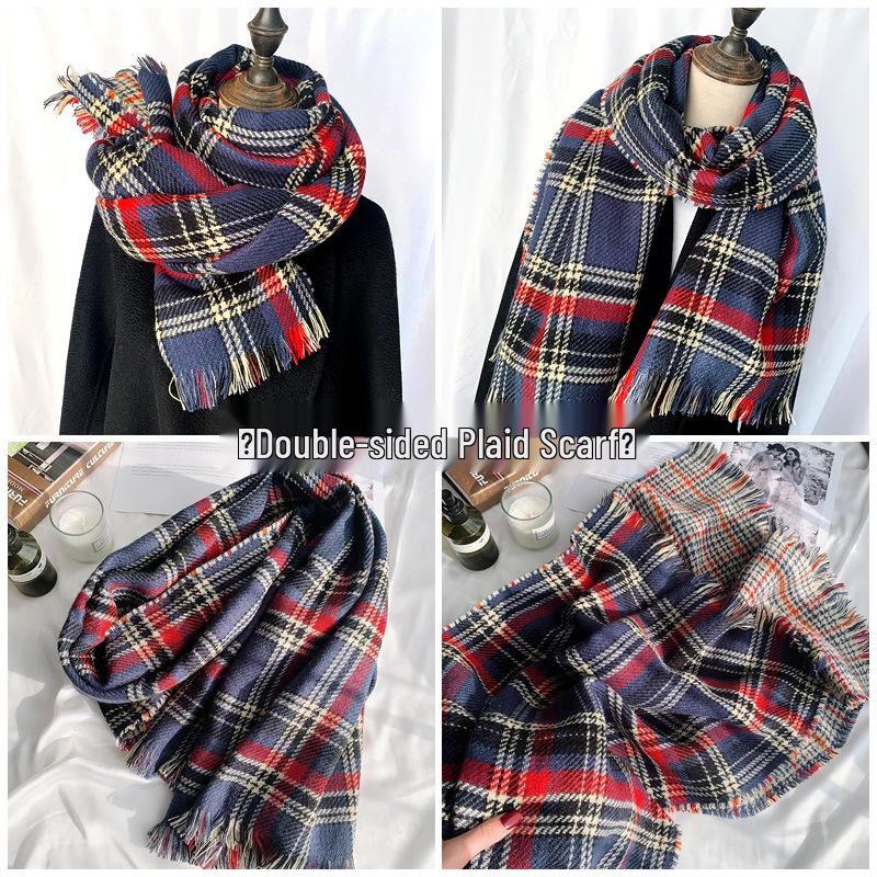Women's Red Plaid Retro Faux Cashmere Scarf - Versatile & Warm for Autumn/Winter