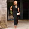 Cross-border European and American Women's Light and Mature Wind Round Neck Summer Medium and Long Dress Milk Silk Sexy High Split Tight Skirt