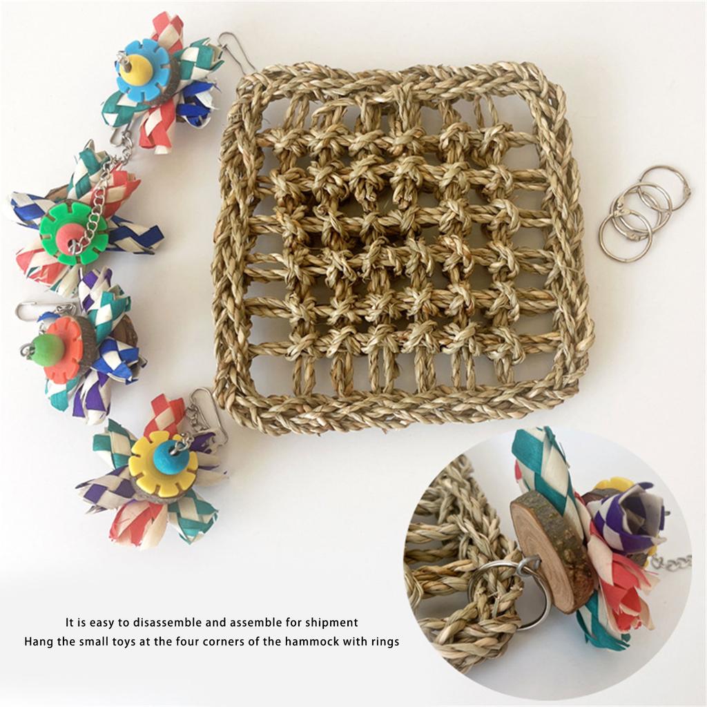 Natural Woven Parrot Hammock Chewing Toy With Wood Bead For Small Bird Cockatiel Budgie Swing Perch Cage Hanging Toy