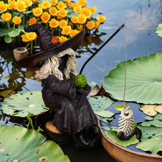 Halloween Fishing Witch Figurine Spooky Cartoon Witch Statue Resin Sculpture Home Office Desktop Holiday Party Decoration Ornament