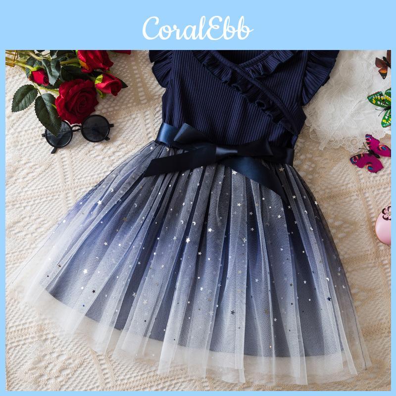 Princess Girl Summer Dress With Glitter Star Sequins And Pleated Cotton Blend