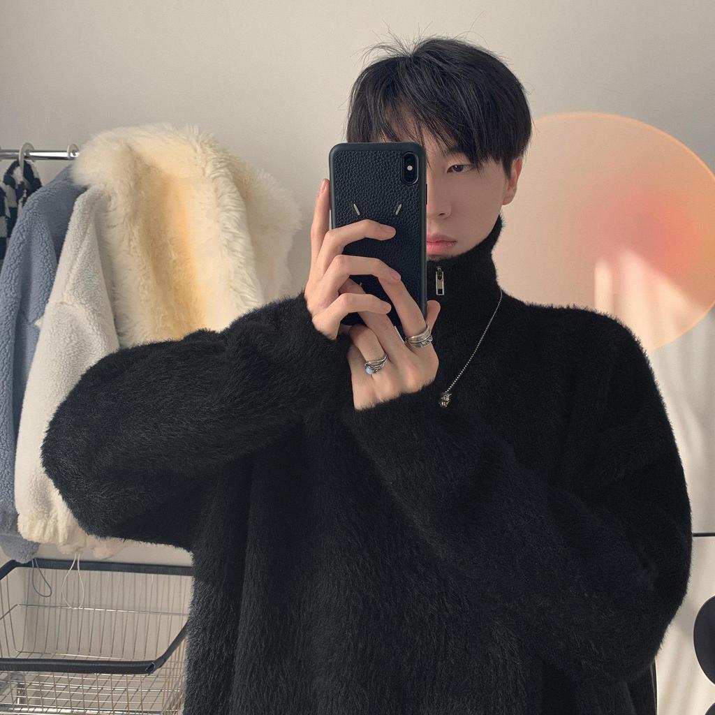 Herren Trendiger Strick-Halbreißverschluss-Pullover: Dick, Locker, Mittelhoher Kragen für Herbst und Winter