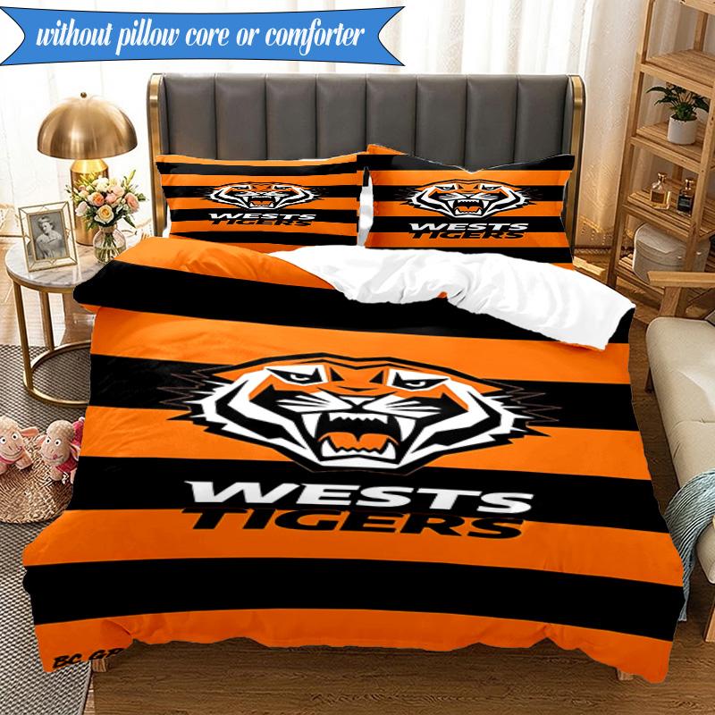 3PCS Wests Tigers Roar Strength And Pride Bedding Set 2D Printing (Includes 1 Duvet Cover + 2 Pillowcases Coreless), Bedroom decor,Fan gift