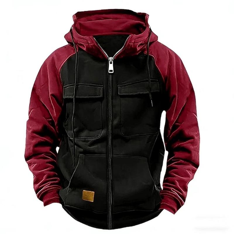 Men Khaki Green Color Block Full Zip Cargo Pocket Drawstring Casual Hoodie S