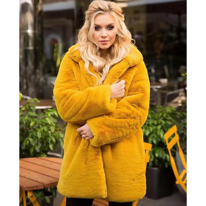 Womens Faux Fur Coat Stand Collar Winter Mid-Length Streetwear Light Luxury Outerwear