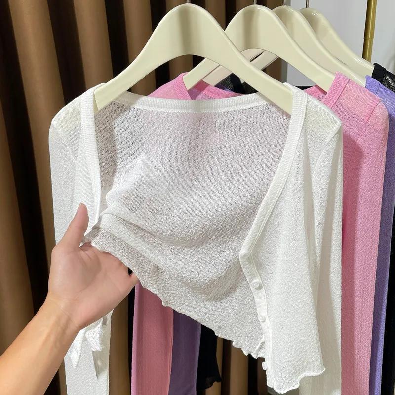 Ice Silk Shawl Blouse Sun Protection Clothing for Women New Spring Autumn Short Knitted Thin Cardigan Jacket Top