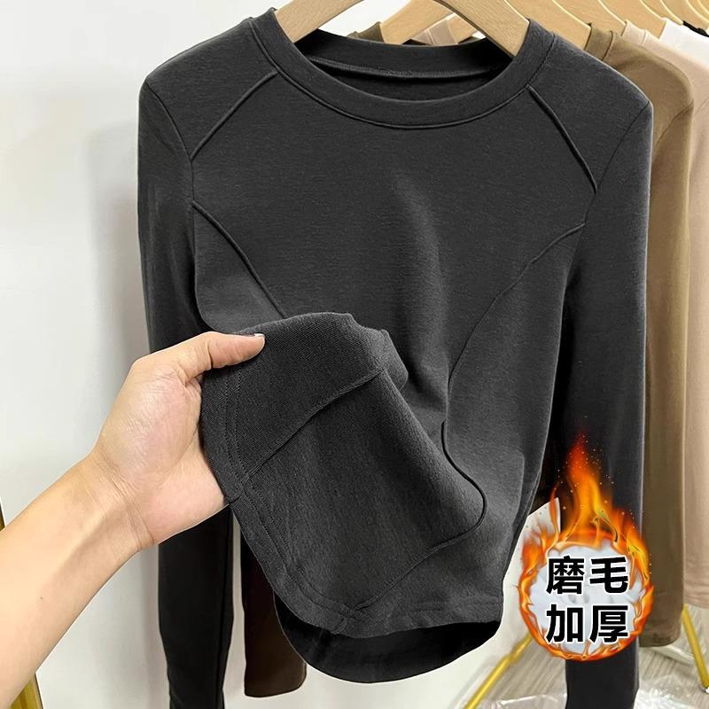 European autumn and winter polished thickened bottoming shirt women's long-sleeved inner shoulder T-shirt women's slim design thin velvet top