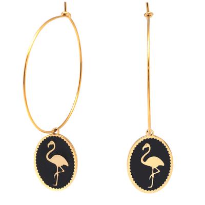 [Q2474] - Black Gold 'Flamingo' Steel Designer Hoop Earrings - 33 Mm - 18x14 Mm