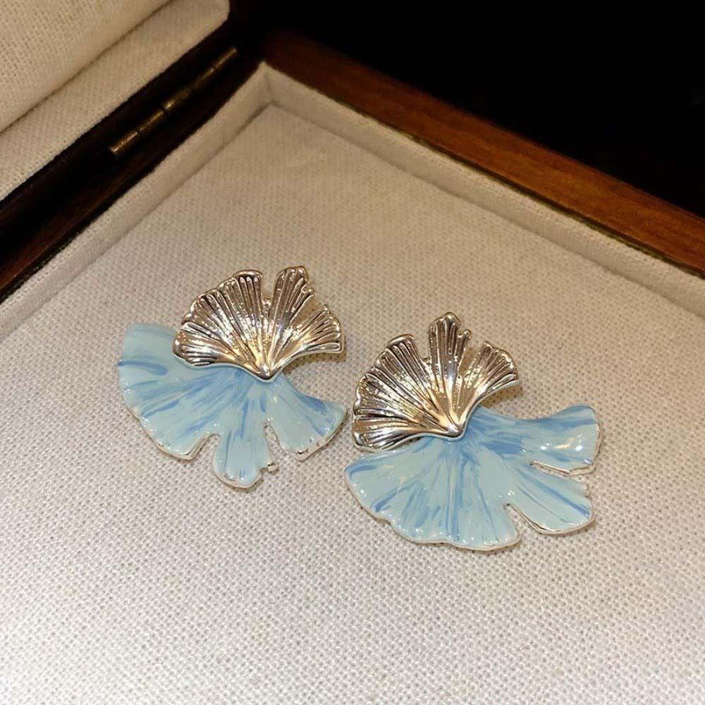 Fashion Double-layer Ginkgo Earrings Leaf Fan Shaped Blue Silver Ginkgo Ear Pendant Alloy Oil Drip Earrings Jewelry Party