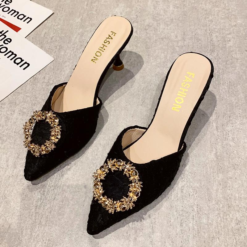 

Модные роскошные мюли-лодочки из шелка с металлической пряжкой, женские летние туфли с острым носком, сексуальные сандалии из твила, женские шлепанцы на высоком каблуке со стразами, женские 2025 40 чёрный