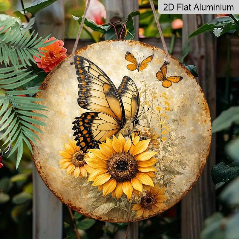 

2D Flat Aluminum 7.87 Inch X 7.87 Inch Butterfly and Sunflower Pattern Wall Hanging, Rustic Landscape. Suitable for Living Rooms, Kitchens, Bars 1pc