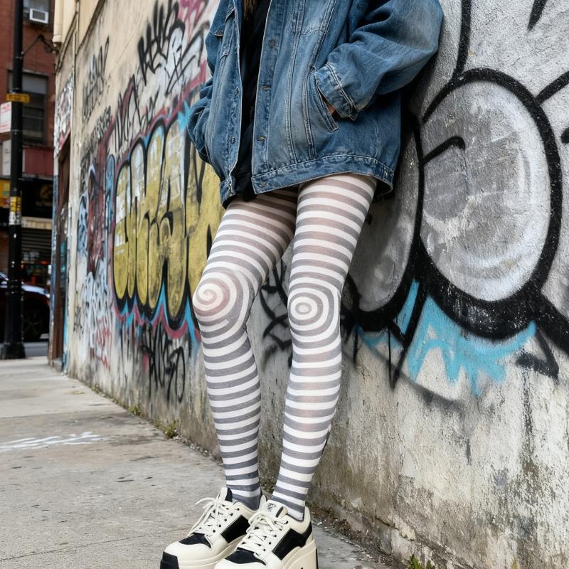 Subcultură Punk Japoneză pentru Femei Șosete Albe de Mătase Colanți Opaci cu Model Spirale și Dungi Leggings Șosete