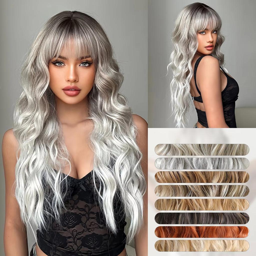 New Natural Style Domestic Brand Brown Gradient Platinum Bangs Middle Part Wavy Long Curly Wig 26inch
