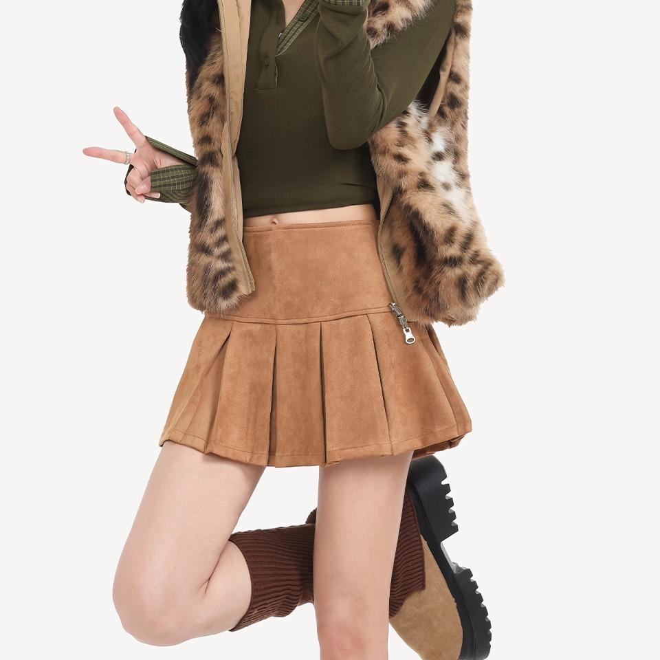 Women s Coffee Suede High-Waisted Pleated A-line Skirt - Autumn/Winter 2026 Collection XL