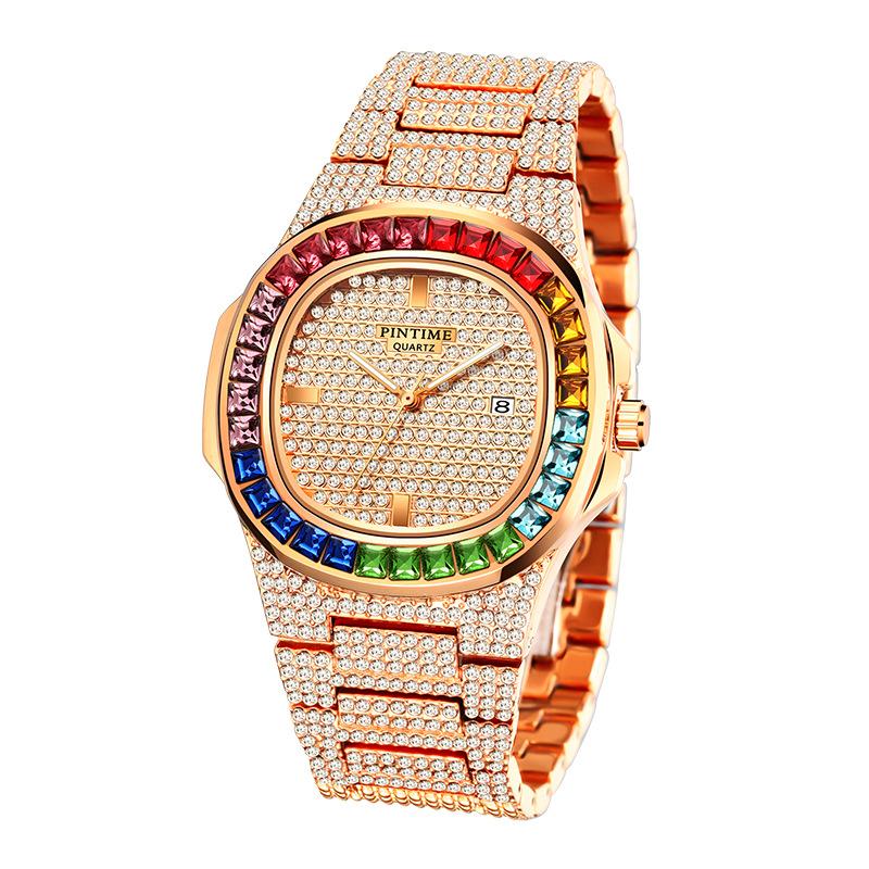Men Colorful Diamond Quartz Watches Luxury Gold Silver Big Dial Male Wristwatch Sport Business Clock Relogio Masculino