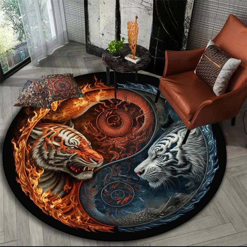 Mytická zvířata kulatý koberec – tygr, drak, lev se stromem života, fantasy koberec do obývacího pokoje, ložnice nebo meditačního prostoru