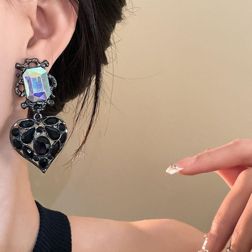 Hollow Out Heart Rhinestone Necklace Crystal Pendant Heart Drop Earrings Necklace Earrings  Party