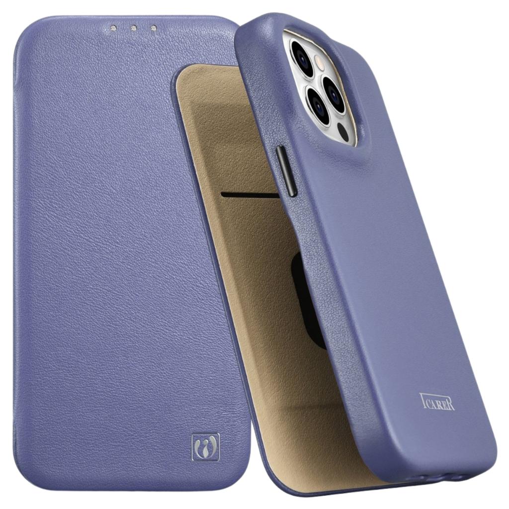 Icarer Ce Premium Leather Folio Case Skórzane Etui Iphone 14 Pro Max Z Klapką Magnetyczne Magsafe Jasnofioletowy (Wmi14220716-Lp)