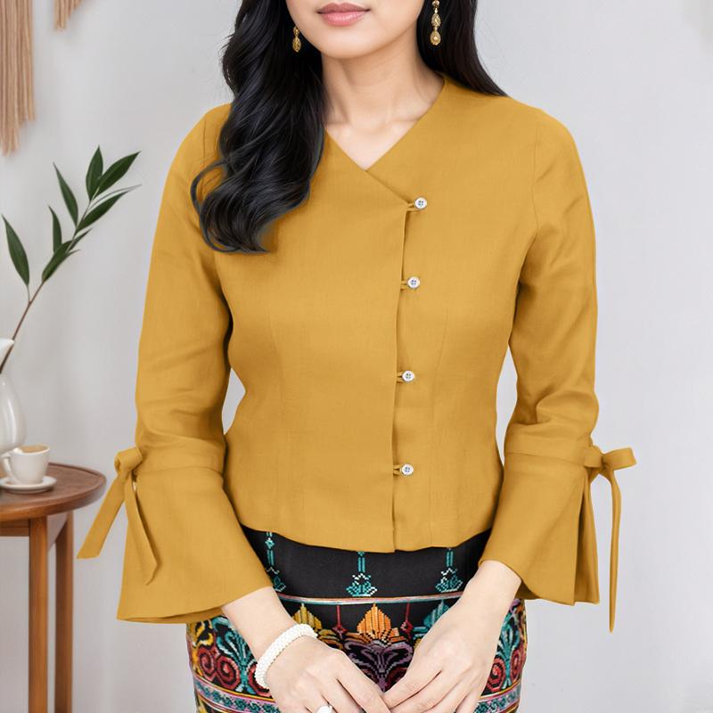 

ZANZEA Женская повседневная блузка с V-образным вырезом, однотонная, летняя, с рукавом 3/4 5XL жёлтый