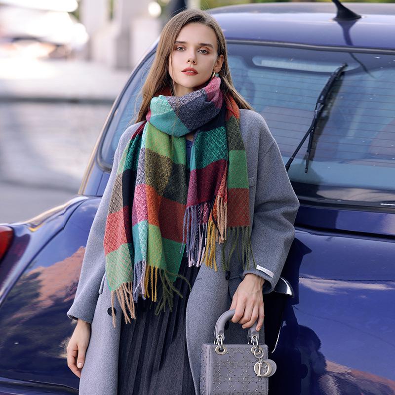 Contrast Plaid Tassel Scarf Shawl Warm Thickened Scarf Korean Style Women's Trend