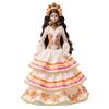 Firma con calendule color crema arricciate e un viso dipinto con fiori e Calavera per la bambola Barbie De Muertos 2025, abito, nastri, corona, Día