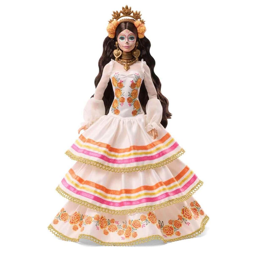 Firma con calendule color crema arricciate e un viso dipinto con fiori e Calavera per la bambola Barbie De Muertos 2025, abito, nastri, corona, Día