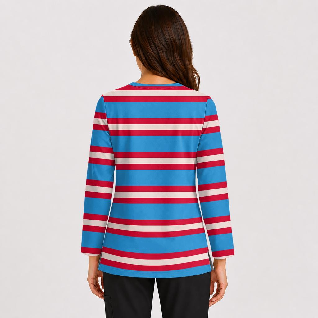 Women's Printed Uniform V Neck Top with Double Pockets and Side Slits 3/4 Sleeve