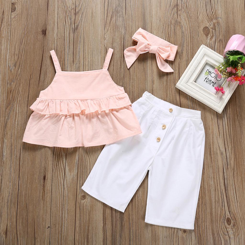 Infant Baby Girls Kids Straps Ruffle Tops T Shirt+Pants+Headband Outfits Set
