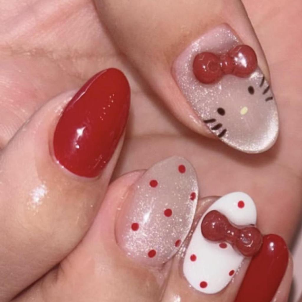 Le Fan Polka Dot French Wearable Short Almond Flower Bow Nail Art Tips False Nails