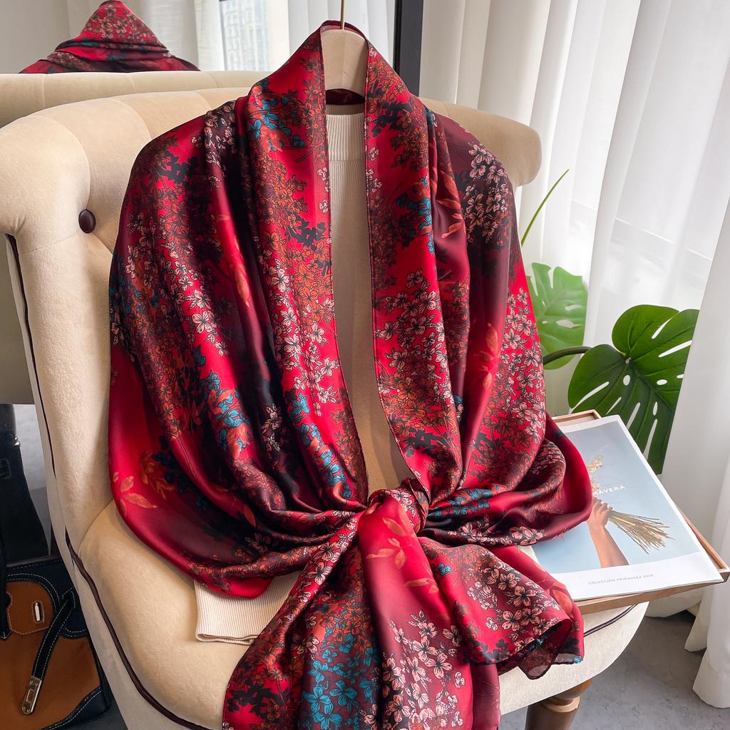 New Simulated Silk Printed Scarf for Women's Autumn and Winter Warmth Scarf Fashionable and Fashionable Foreign Style Shawl