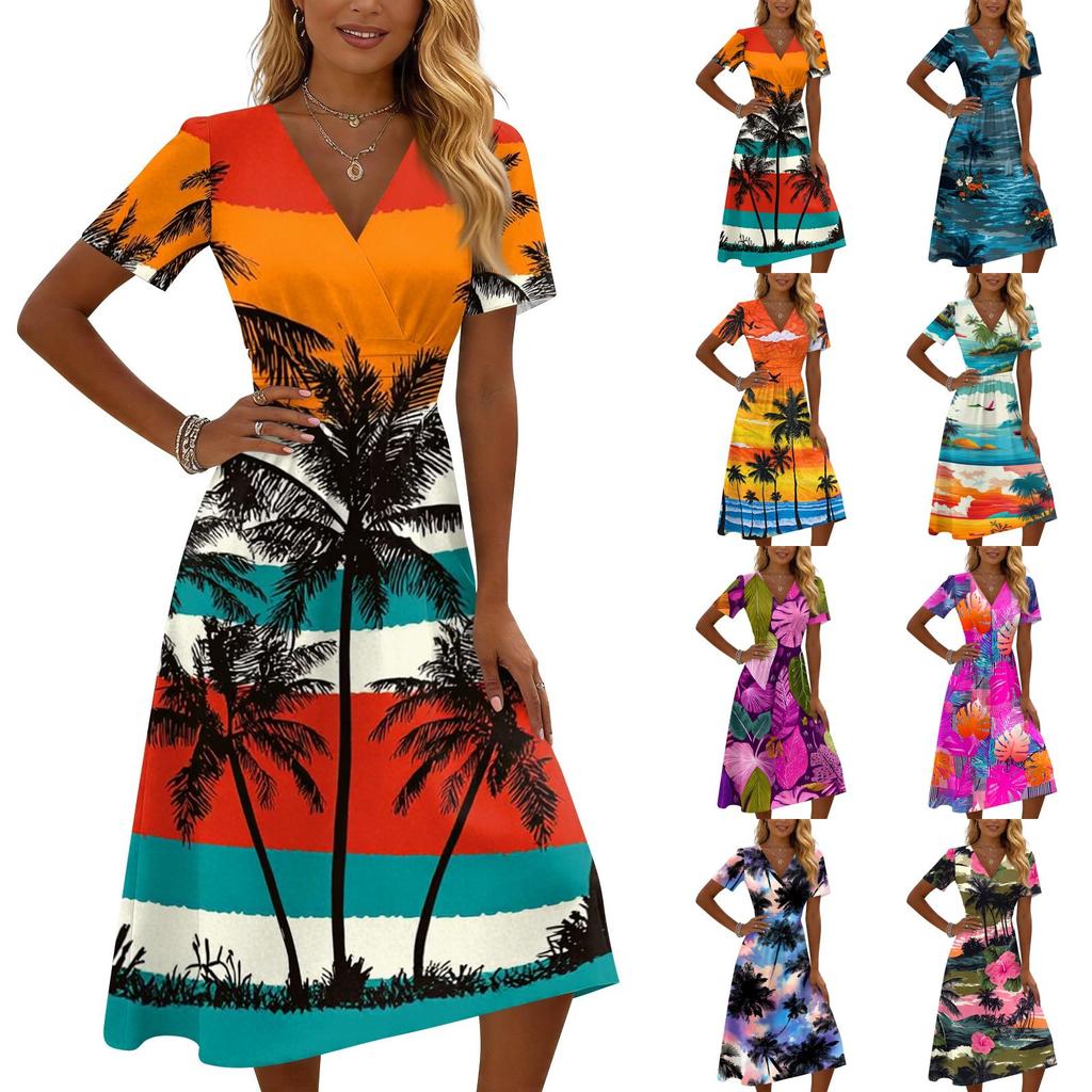 Vestido Midi de Manga Corta con Cuello en V y Estampado de Hojas Tropicales para Mujer, Casual, Corte Holgado, Ligero, Vestido de Verano