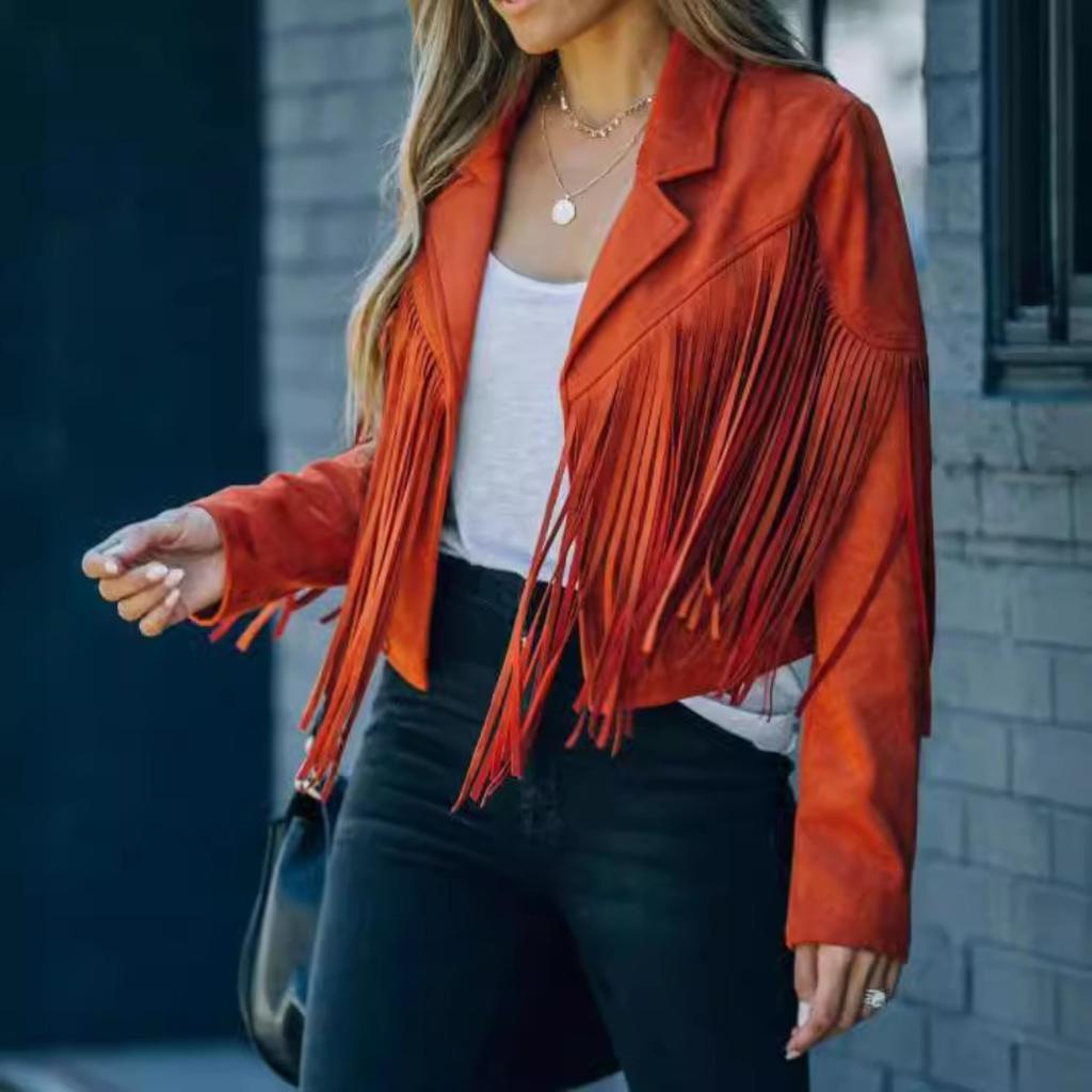 Women's Long Sleeve Slim Fit Short Coat Tassel Trim Casual Solid Color Jacket