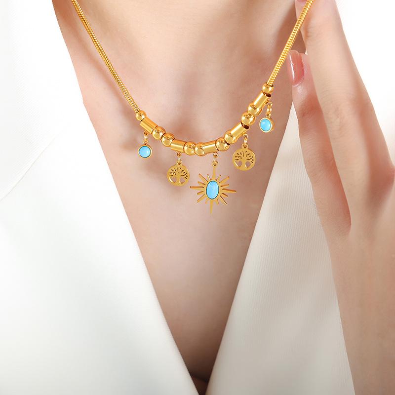 Fashion Commuting Jewelry Set: Little Sun Tree Pendant, Turquoise Design Bracelet & Necklace In Titanium Steel