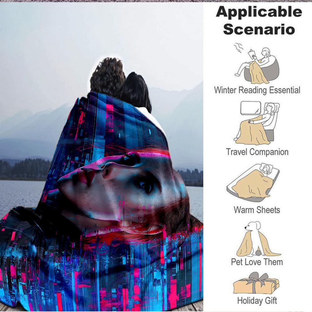 1Pc Cyberpunk Neon Portrait Flannel Blanket, Soft And Comfortable, Casual Warm, Camping Travel, Christmas, Halloween Xmas Gift S1526
